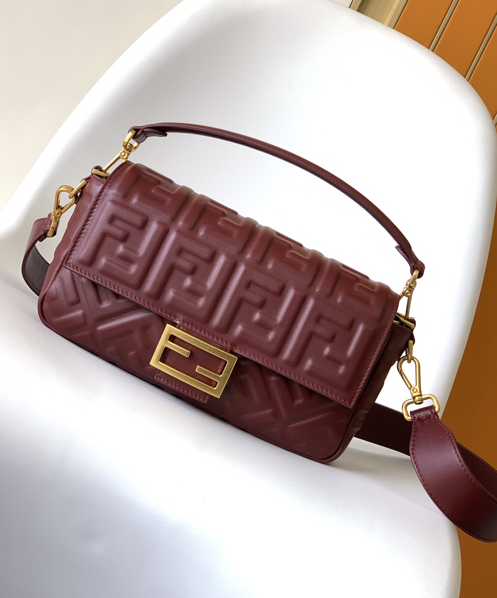 Fendi Medium Baguette Nappa Leather with FF Motif Shoulder Bag Claret